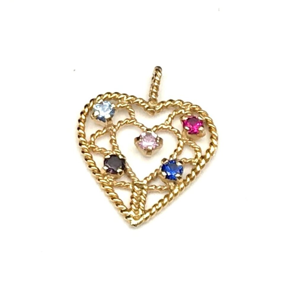 Vintage Style Gold-Tone textured Heart Pendant With Multi-Color Gemstones